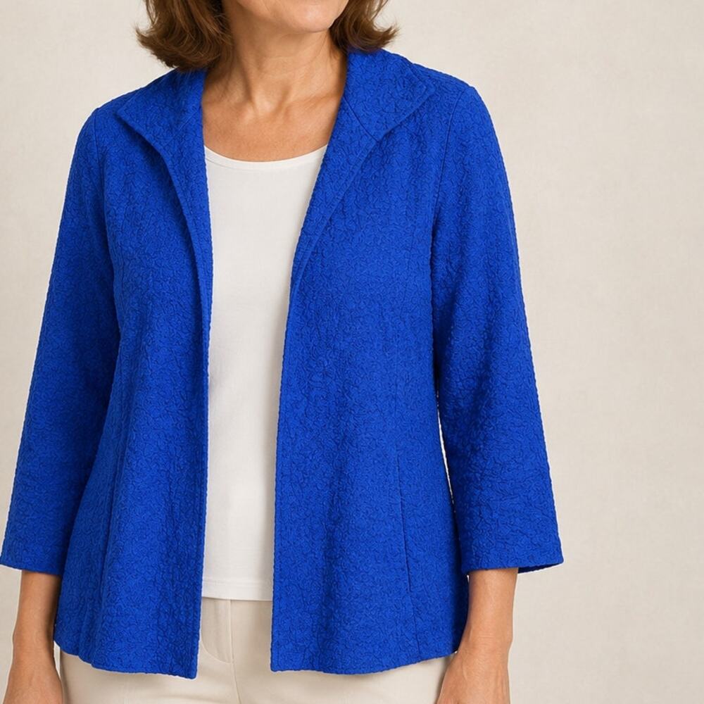 Chicos 2 Crinkle Knit Jacket size Large Cobalt Blue Open Front Lagenlook